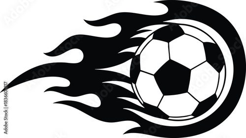 Flat design close up flaming soccer ball with bold silhouette motion lines looking right on white background vector art black and dynamic emblem sports speed icon