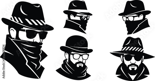 Flat design high contrast black silhouette set of five fedora and bowler hat masked male portraits in side and three quarter views bold shadow mood noir