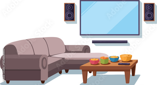 Living room with furniture set comfortable couch with television speakers and coffee table vector cartoon illustration