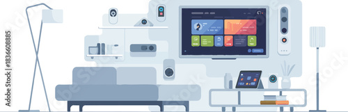 Living Room with Smart Home Technology Vector Illustration in Modern Style Flat Design with Furniture and Devices