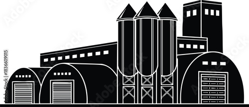Flat design front view industrial silhouette of grain silos and warehouse buildings showing loading doors silo towers and storage sheds in monochrome black and white vector