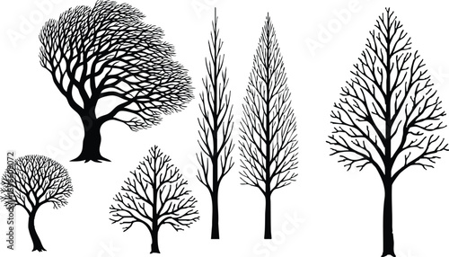 Silhouette vector line art set of seven leafless winter trees in varied shapes and heights isolated on white background for seasonal landscape graphic design editorial decor
