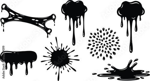 Grunge ink splatter vector elements set with dripping paint blobs isolated on white background high contrast messy drips and splashes close up rough textured silhouette layered