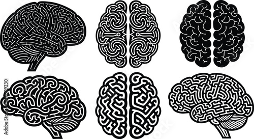 Line art maze style six brain icons top and side views isolated black and white vector set with intricate folds and high contrast medical graphic illustration