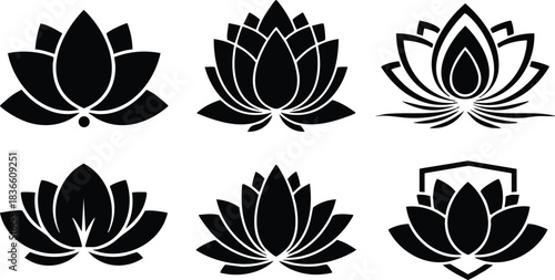 Flat design lotus flower icon set six minimalist black silhouettes in row close up top view bold geometric shapes for spa wellness branding print vector art
