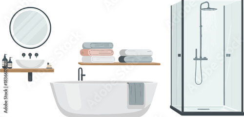 Modern Bathroom Interior Design with Bathtub Shower Sink and Towels in Gray and White Colors in Flat Style Vector Illustration