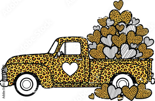 Leopard Print Truck with Hearts  Animal Pattern Old Pickup Filled with Heart Shapes Vector Illustration for Decoration and Graphic Design