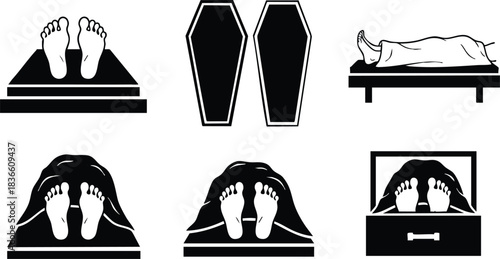 Flat design mortuary icon set close up top view feet with toe tag covered body on gurney coffin upright lid open simple silhouette black white icons