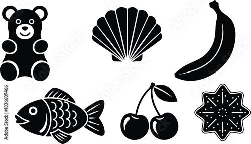 Flat design silhouette icon set close up seven solid icons including teddy bear shell banana fish cherries cookie on white background bold minimal composition friendly playful