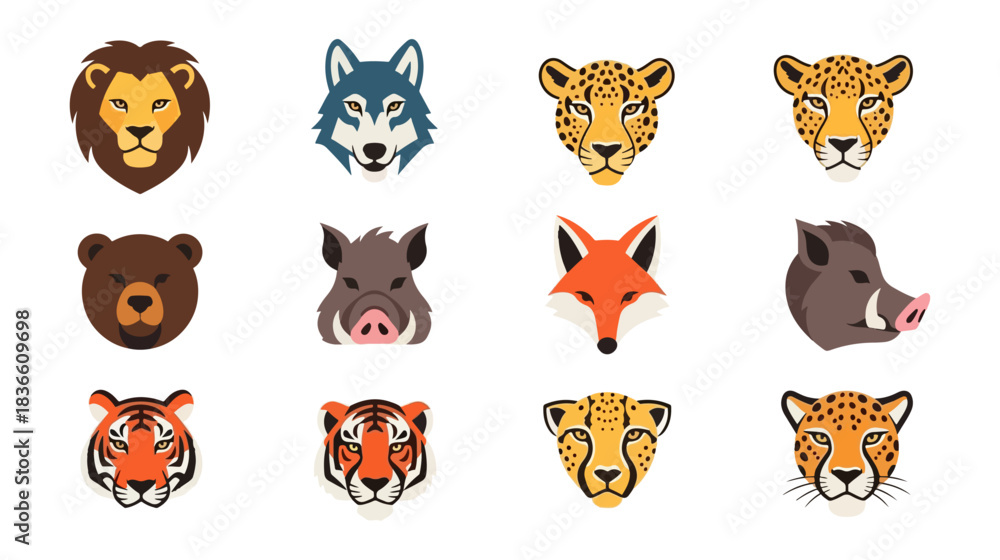 Fototapeta premium Stylized animal faces vector illustration set for design projects