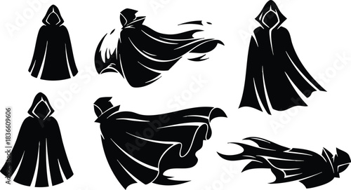 Silhouette vector art cloaked figures in dynamic flowing capes multiple action poses isolated on white background side view and low angle dramatic motion mysterious dark stylized