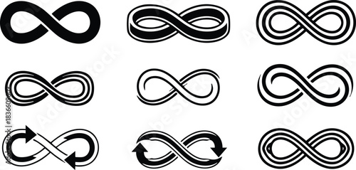 Line art icon set of infinity symbols in varied stroke thickness and arrow variants close up isolated black and white vector illustration for logo branding assets