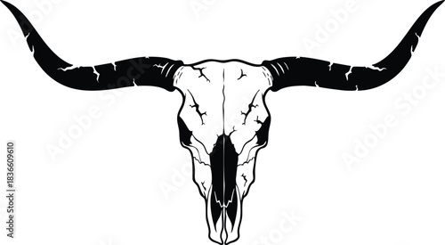 Tattoo flash longhorn skull front view with cracked bone texture and wide curved horns centered isolated vector art in monochrome western minimalist line art bold ink