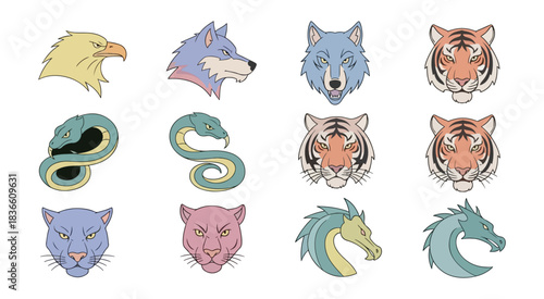Stylized animal portraits eagle wolf tiger serpent dragon illustrations