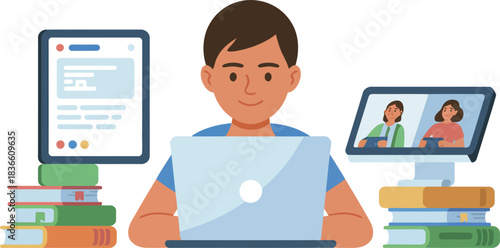 Online Education Concept With Young Man Sitting At Laptop Computer Distance Learning Or Working From Home Vector On Transparent Background