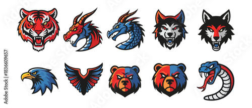 Animal heads logos collection tiger dragon wolf bear eagle snake vector design elements