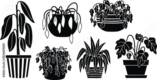 Flat design silhouette set of seven potted houseplants showing varied leaves shapes and hanging planters front view minimal black vector icons isolated on white background contrast