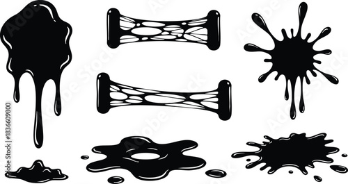 Grunge ink splatter vector set with dripping stains and puddles isolated black silhouettes top view for design texture and background editable scalable rough messy abstract shapes