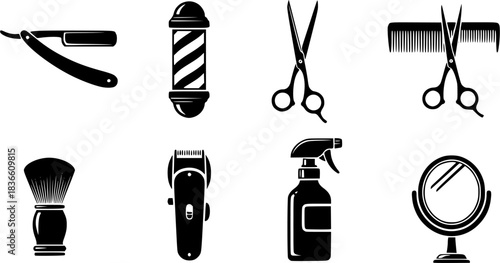 Barber tools silhouette, Barber tools, Barbershop tools, Hairdressing tools set, Barbershop equipment silhouette, Salon tools silhouette, Hairdresser tools icons
