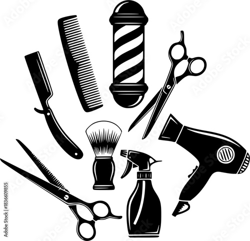 Barber tools silhouette, Barber tools, Barbershop tools, Hairdressing tools set, Barbershop equipment silhouette, Salon tools silhouette, Hairdresser tools icons