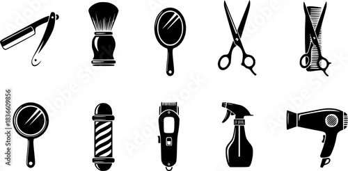 Barber tools silhouette, Barber tools, Barbershop tools, Hairdressing tools set, Barbershop equipment silhouette, Salon tools silhouette, Hairdresser tools icons