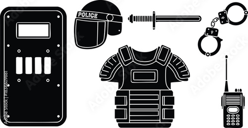 Flat design vector silhouette of riot gear items arranged in row with shield helmet baton handcuffs radio and body armor front view isolated on white background