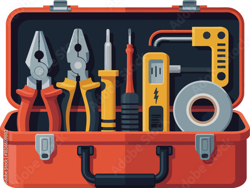 Open Toolbox Vector Illustration Containing Various Handyman Tools for Home Repair Project Maintenance in Red Color Hard Container
