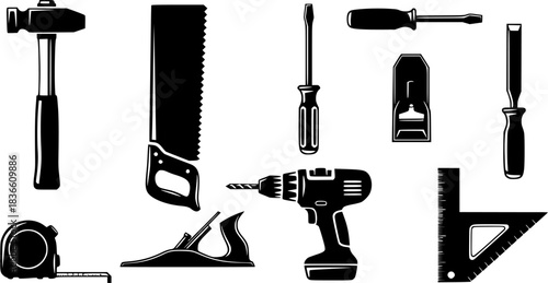 Carpenter tools silhouette, Carpenter tools, Wooden work tools silhouette, Carpenter silhouettes, Carpentry tools, Tools silhouette, Carpenter tools vector illustration