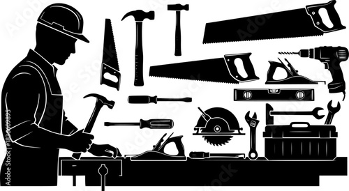 Carpenter tools silhouette, Carpenter tools, Wooden work tools silhouette, Carpenter silhouettes, Carpentry tools, Tools silhouette, Carpenter tools vector illustration
