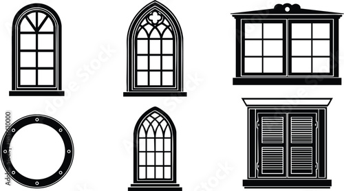 Flat design close up window icon set with six black silhouette historic arched bay shutter and porthole window elements on white background minimal simple geometric outline