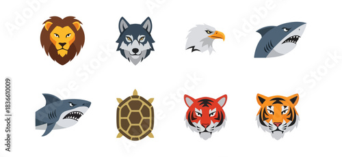 Animal heads set vector illustrations wildlife creatures isolated
