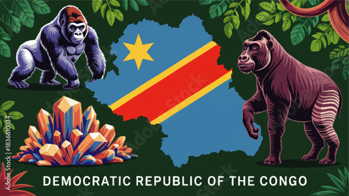 Democratic Republic of the Congo map with flag, gorilla, okapi, jungle leaves and mineral crystals, colorful vector illustration