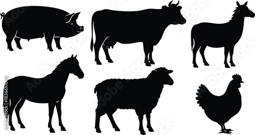 Silhouette vector farm animal set with pig cow goat horse sheep and chicken side profiles isolated black shapes on white background clean minimal scalable editable files