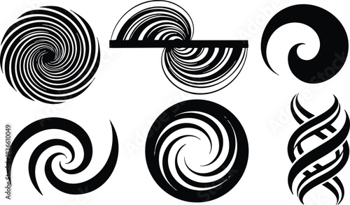 Flat design black spiral icon set six unique swirl emblems including circular vortex sliced spiral helix ribbon stacked swirl isolated on white background minimalist vector art