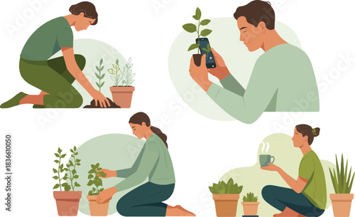 People Gardening Set with Plants in Pots Illustrations of Horticulture Hobby and Planting as Home Leisure Activity in Greenhouse