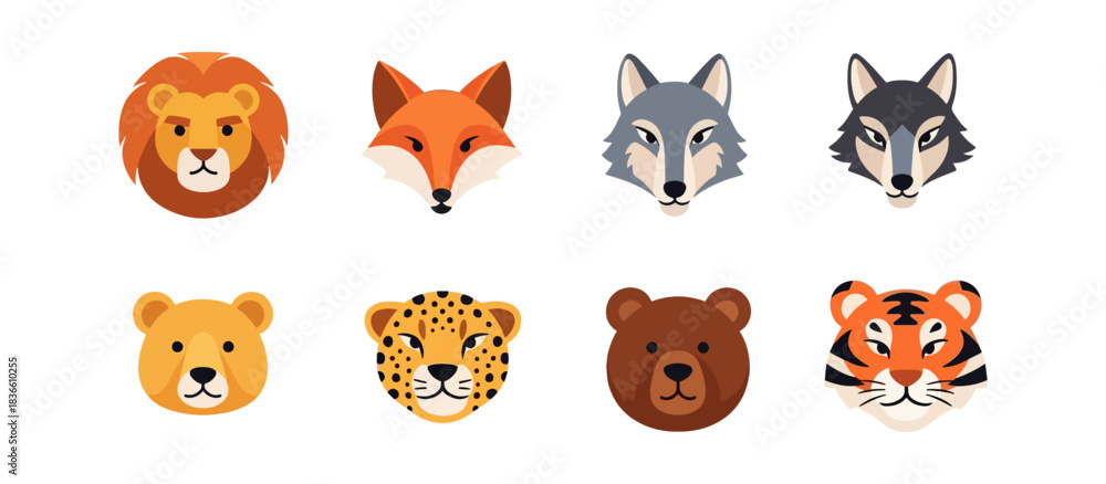 Fototapeta premium Wildlife heads collection vector illustrations various animals faces