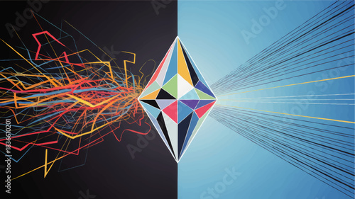 Abstract data transformation concept with colorful geometric prism converting chaotic lines into organized streams on blue and black background