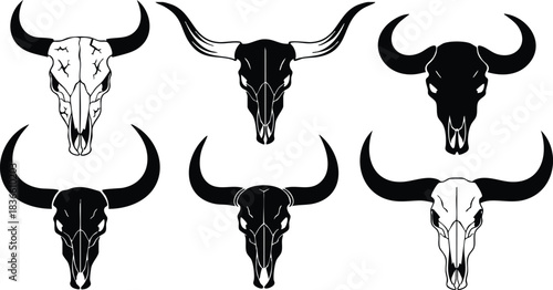 Silhouette vector set of six bull skull icons front and three quarter views bold curved horns high contrast minimal black and white graphic centered isolated editable