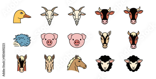 Assorted farm animal heads vector illustration on black background