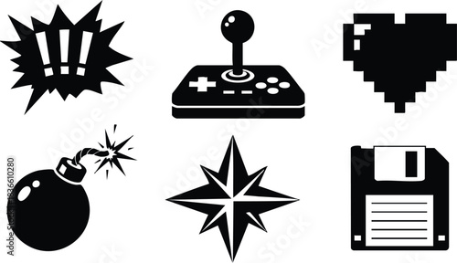 Flat design pixel art black icon set showing joystick pixel heart bomb floppy disk compass rose exclamation burst high contrast silhouette for retro game projects collection