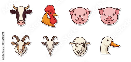 Farm animal heads illustration collection isolated