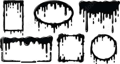 Grunge drip vector frames set showing six dripping paint borders with rectangular and circular silhouettes heavy ink drips for poster overlay and edgy graphics urban design