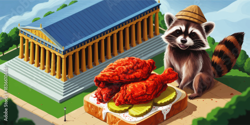 Cute raccoon with hat eating Nashville hot chicken sandwich at Parthenon museum park, colorful cartoon illustration