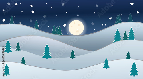 Christmas snowy night landscape with soft winter hills pine trees shining stars and bright full moon creating a calm peaceful festive seasonal illustration