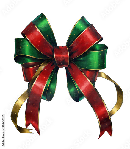 Isolated red and green large festive ribbon bow