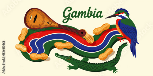 Colorful Gambia travel illustration with national flag ribbon, kora instrument, kingfisher bird, crocodile and peanuts on beige background