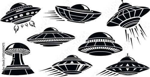 Line art retro collection of nine unique flying saucer silhouettes in dynamic motion with beams speed lines angled side views isolated on white background vector illustration