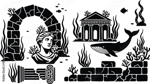 Line art composition of submerged classical ruins with statue bust near broken arch temple columns and whale silhouette amid coral and seaweed in monochrome vector illustration