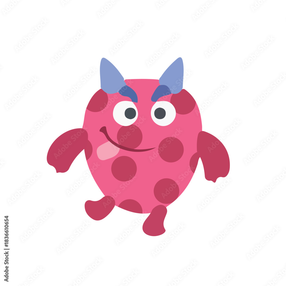 Naklejka premium An adorable, cheerful, and plump monster girl cartoon character. The creature is perfectly round and pink, covered in playful dark pink polka dots.