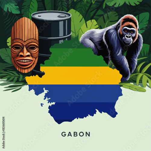 Gabon map with national flag colors, gorilla in tropical jungle, tribal mask and oil barrel illustration for African country concepts